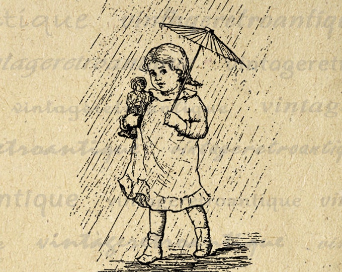 Digital Little Girl with Umbrella in Rain Graphic Printable Illustrated Image Download Antique Clip Art Jpg Png Eps HQ 300dpi No.3062