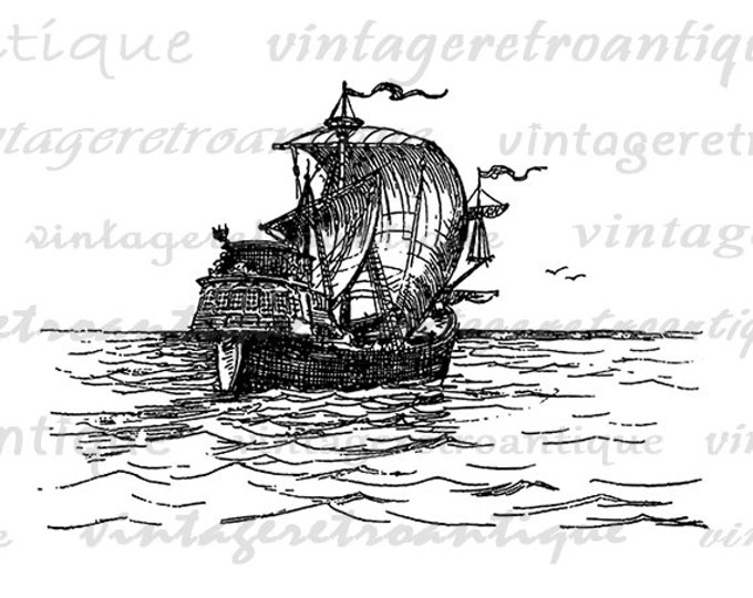 Digital Graphic Vintage Ship Sailing the Ocean Printable Boat Image Sea Download Antique Clip Art Jpg Png Eps HQ 300dpi No.3851