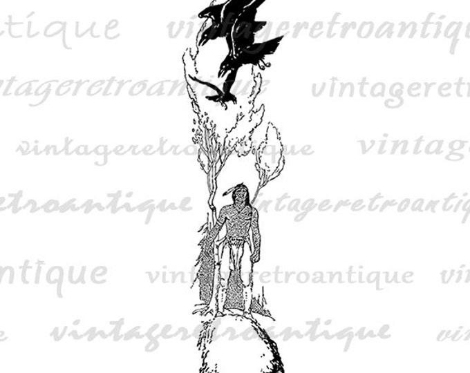 Digital Graphic Native American Indian with Birds Image Download Printable Vintage Clip Art Jpg Png Eps HQ 300dpi No.2998