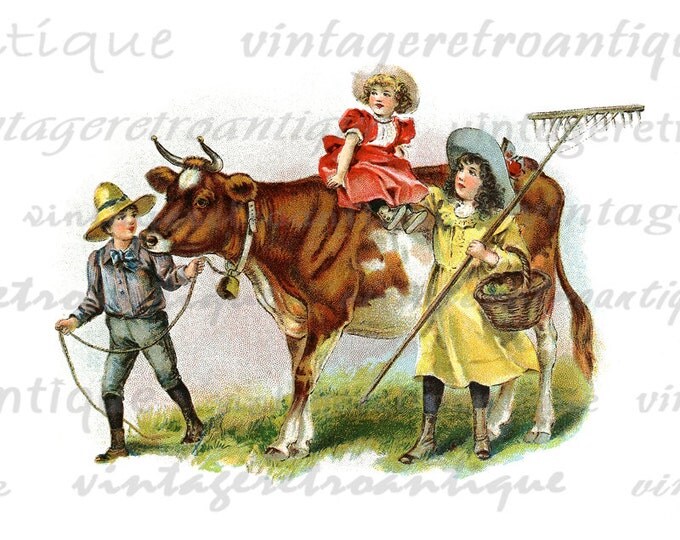 Children with Cow Image Graphic Download Digital Color Illustration Printable Antique Clip Art HQ 300dpi No.1983