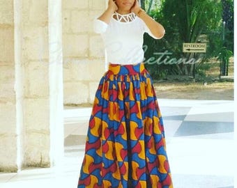 Red Blue, Black, Yellow African Maxi Skirt, Ankara print skirt, Long African skirt, High waist Skirt, African clothing, African Fabric Dress