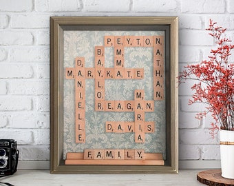 Authentic Personalized Scrabble Wall Art Framed Floral - Family Scrabble Art Shadow Box Anniversary Gift Birthday Gift For Moms Family Gift