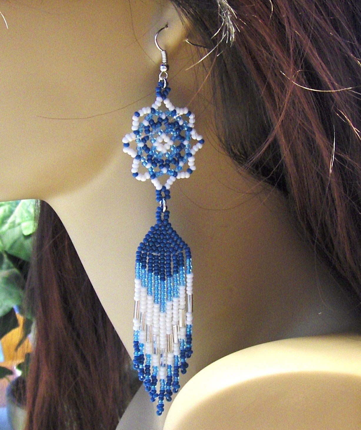 Dreamcatcher Inspired Beaded Chandelier Earrings In Blues and