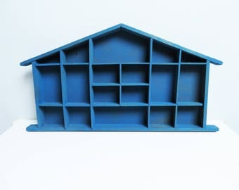 Large Wood display case, Shadow Box Miniature display case, House Shaped Shelf, Treasure Display, Printers Drawer, Kids Room Decor blue