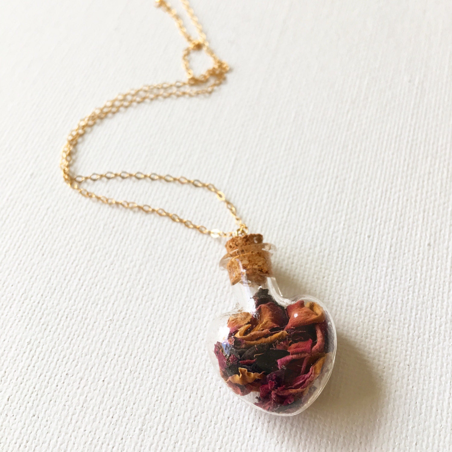 Red Rose Petal Heart Glass Cork Bottle Vial Necklace