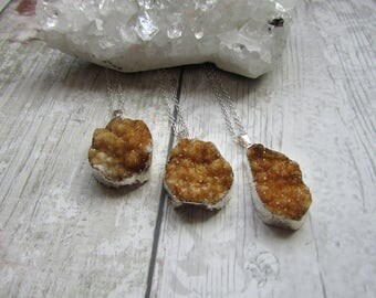 Citrine Cluster Pendant - Silver Plated Gemstone Necklace - Natural Raw