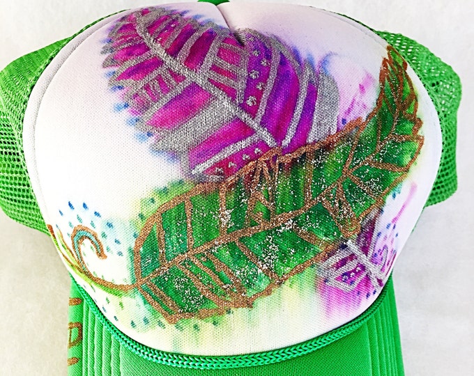 Hand Painted Tribal Watercolor Feathers with Metallic Detail and Glitter Sparkle Bright Green Trucker Hat, Festival Fashion