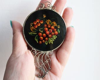 Vintage USSR small hand mirror Khokhloma - soviet era mirror - Made in USSR