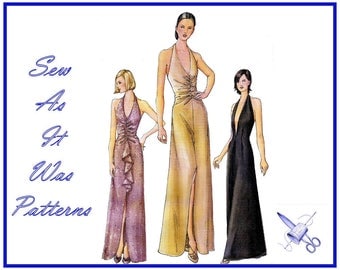 2000s Vogue 7428 Halterneck Low Front Slit Flounce Drape Ruched Gathered Fitted Evening Dress Sewing Pattern Sizes 14 16 Bust 36 38" 92 97cm