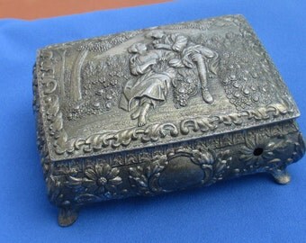 Vintage Metal Jewelry Casket Japan Romantic Scene TLC