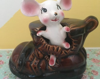 Vintage Kitschy Mouse In Boot Money Bank
