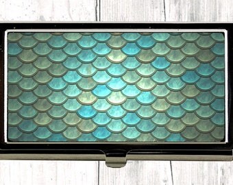Mermaid Scales Business Card Case, Teal Credit Card Holder, Greenery Womens Wallet, Fish Scale Metal Card Case, Office Accessory
