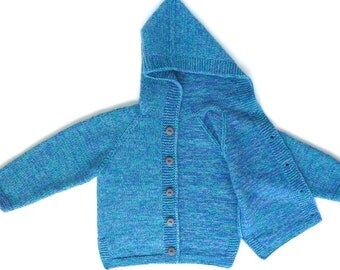 Wool cardigan, baby boy clothes, knit baby sweater jacket, hand knitted baby clothes, boy baby hoodie, blue -green jumper size 18 - 24 month