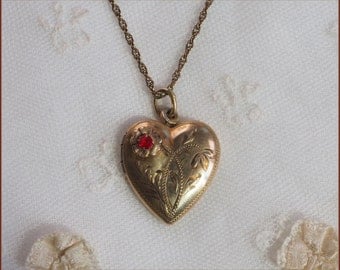 Vintage Gold Filled Heart Locket Necklace - Engraved Design - Red Crystal Rhinestone Pendant +