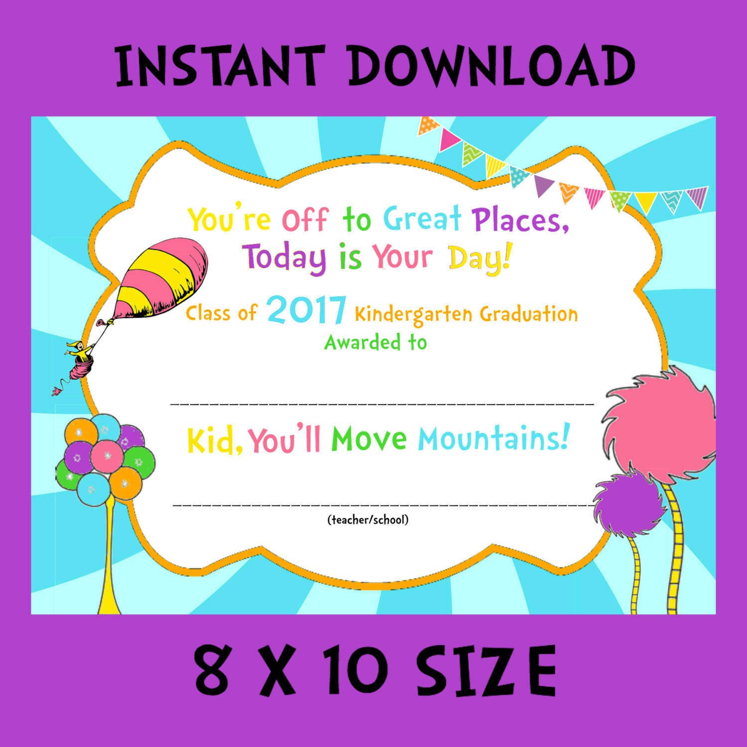 kindergarten graduation certificate 8x10 instant download