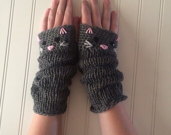 Cutest Mitts Ever - Adorable Kitty Cat Extra Long Fingerless Gloves Hand-Knit in Gray Grey with Pink