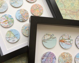 Circle map art - custom map art - personalized map art - travel gift - framed art - anniversary gift - 9 circles - wall art - travel gift