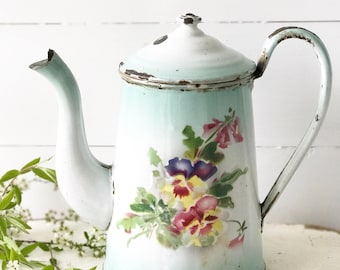 Reserved. A beautiful antique French enamel coffee pot with floral detail