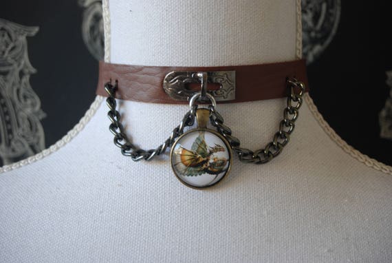 Steampunk dragon choker, brown faux leather chain choker necklace - punk, gothic, lolita by Spritejewelry steampunk buy now online