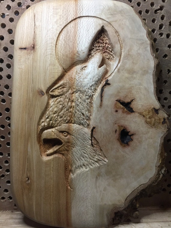 eagle wolf wood carving hand carved wood art lodge decor