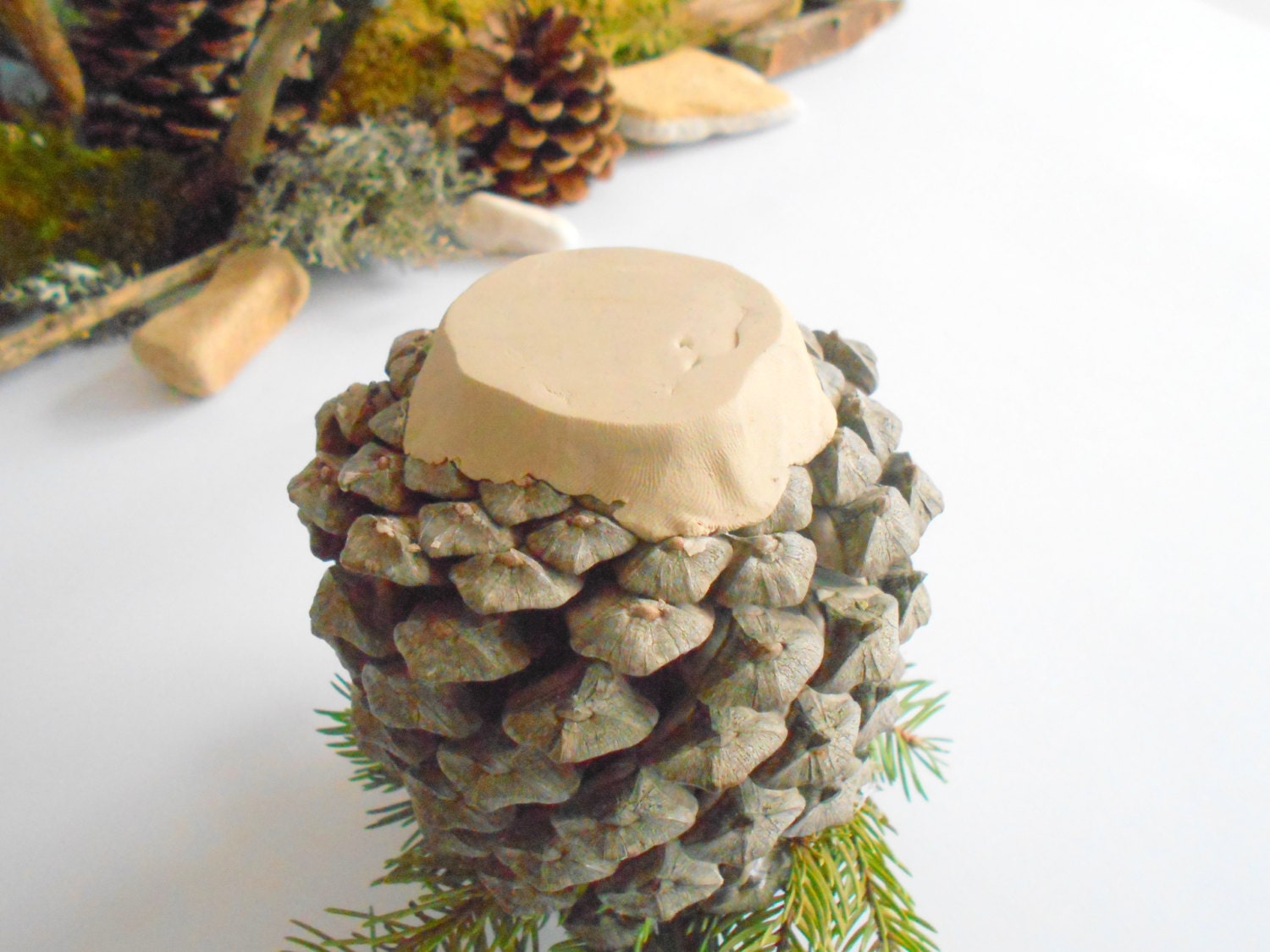 Candle holder handmade pine cone natural by ExiArtsEcoCrafts