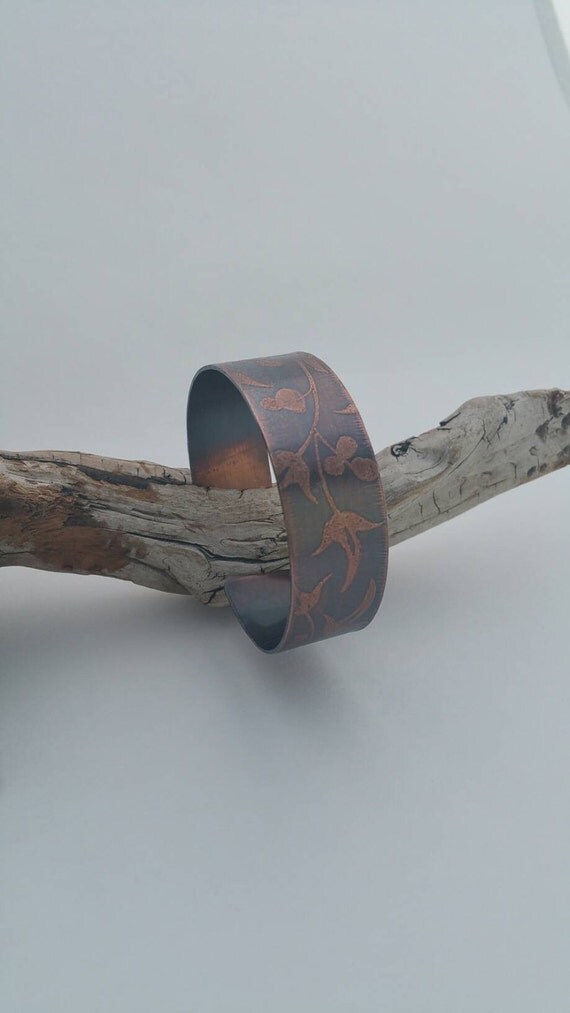 Floral Adjustable Etched Copper Cuff Bracelet