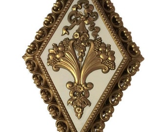 Vintage Set of 4 Diamond Shaped Wall Plaques by HOMCO, Made in USA 1971, Hollywood Regency