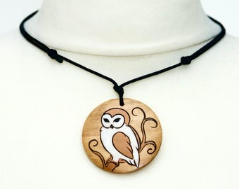 Boho Owl Necklace Barn Owls Gift Large Pendant Boho Jewellery Choker Painting Owl Art Natural Rustic Wood Style Nature