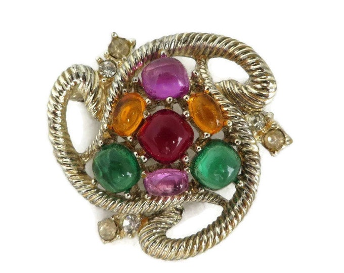 Vintage Christmas Fruit Brooch, Multicolor Cabochons & Rhinestones Gold Tone Pin