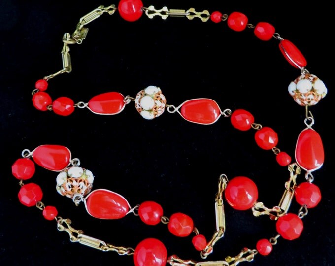 Hattie Carnegie Red and White Beaded Necklace, Vintage Designer Goldtone Necklace