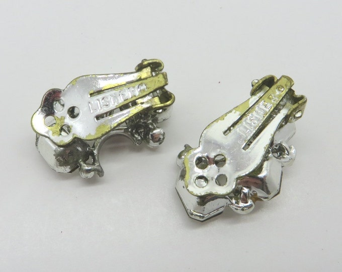 Lisner Clear Rhinestone Curved Earrings, Vintage Silver Tone Clip-on Earrings