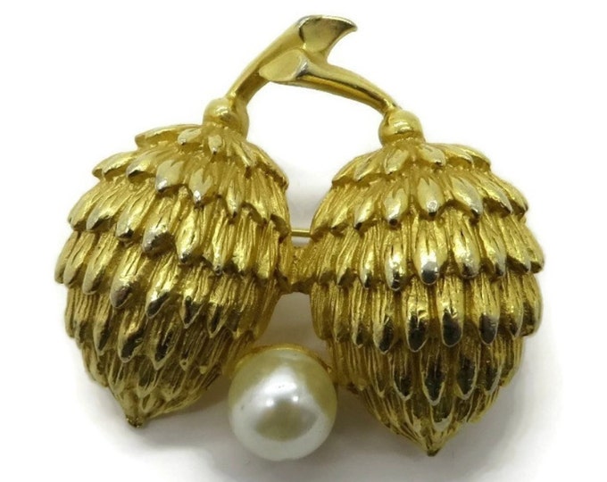 Hattie Carnegie Gold Tone Pine Cone Faux Pearl Brooch