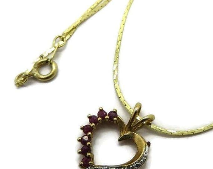 ON SALE Ruby and Diamond Heart Pendant, Vintage Gold Plated Silver with Gold Plated Cobra Chain