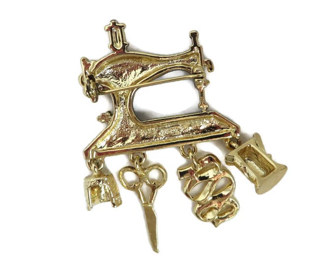 ON SALE! Vintage Sewing Machine Brooch, Dangling Charms Sewing Pin