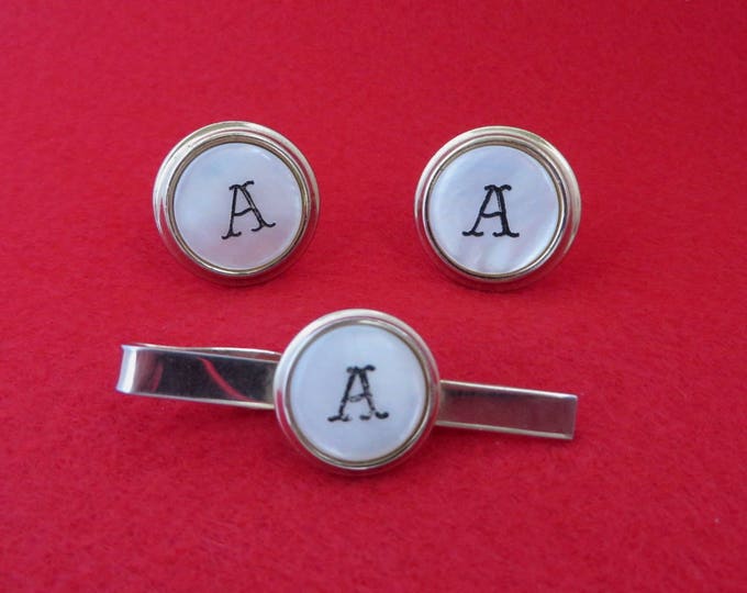 Vintage Cufflink Set - Monogrammed A Cufflink & Tie Bar, Mother of Pearl Gold Tone Men's Suit Accessory, Gift for Him, Gift Boxed