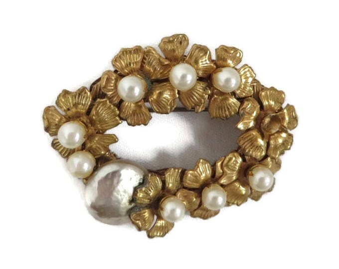 Miriam Haskell Brooch Faux Pearl Goldtone Wreath Designer Signed Vintage Costume Jewelry