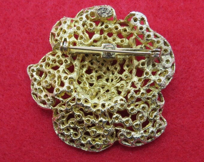 WEISS Pink Rhinestone Brooch Vintage Designer Signed Gold Tone Flower Pin Estate Runway Gift Idea