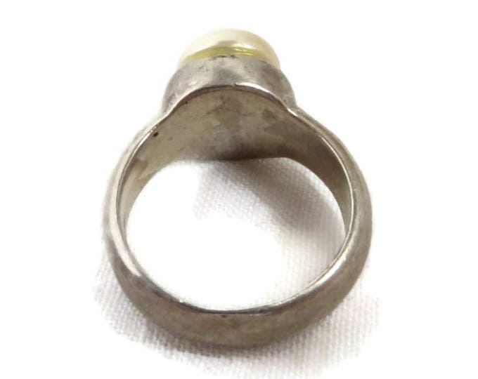 Vintage Pearl Ring Sterling Silver Wide Band Antique Finish Estate Costume Jewelry Ring Size 6