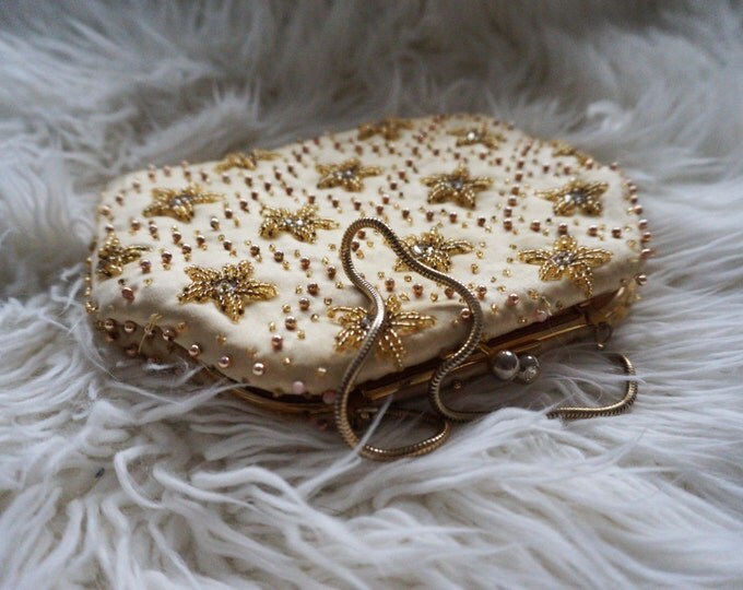 Gold Clutch Bag, Vintage Beaded Bag, Beaded Evening Bag, Art Deco Bag, Small Bridal Bag, Beaded Handbag, Evening Bag Beaded Purse, Valentine