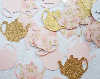 Tea Party Decoration, Glitter Gold & Blush Pink Floral Teapot Confetti, Table Confetti 70 CT, Ships in 2-3 Business Days