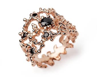 CORAL Black Gemstone Ring, Rose Gold Ring Band, Wide Gold Ring, Black Stone Ring, Black Stone Gold Ring, Anniversary Gift