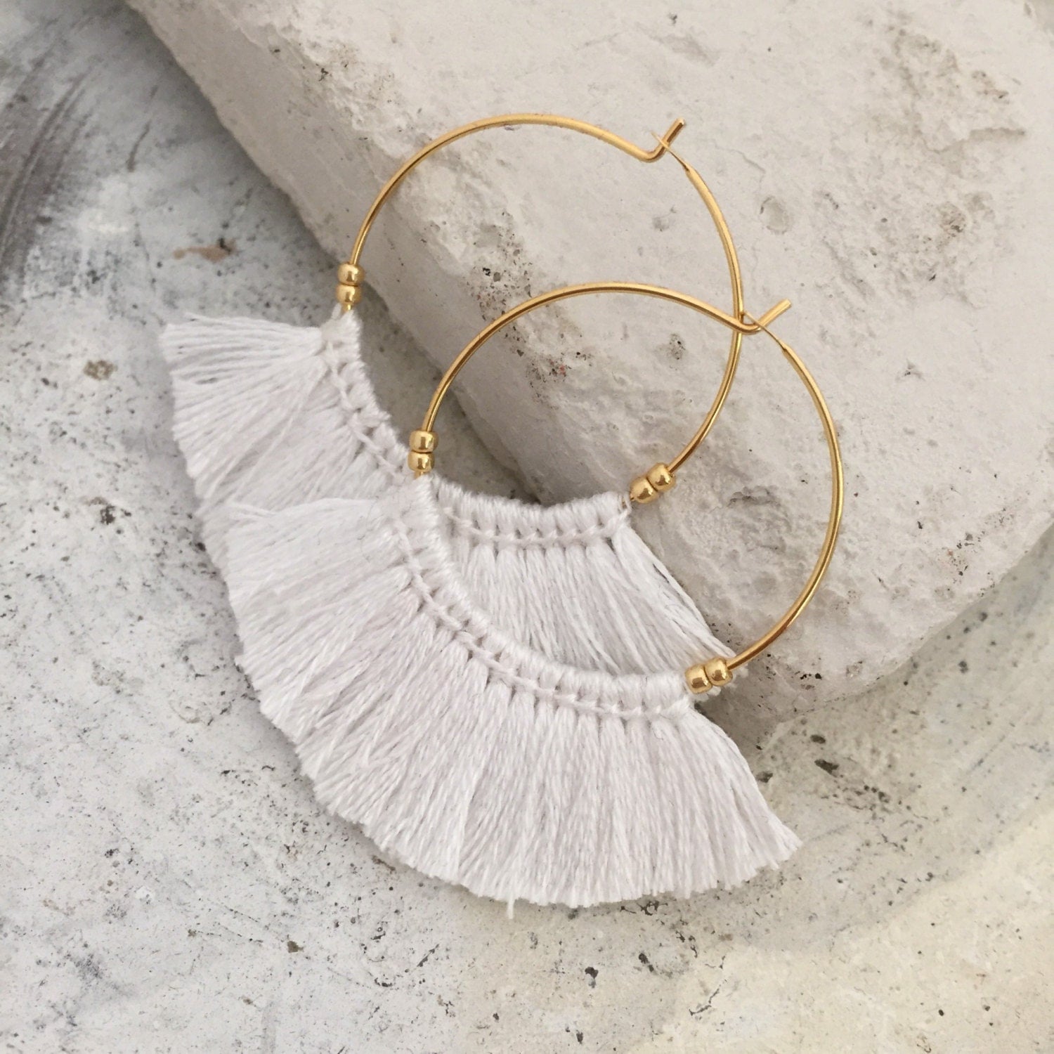 White tassel fringe earrings chunky boho earrings allergy free