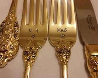 Gold Wedding forks 3pc 2 Hand Stamped Wonky MR MRS forks +1 Unstamped knife 24K Gold Plated New/ Vtg Gatsby gold forks Real photos Plz read