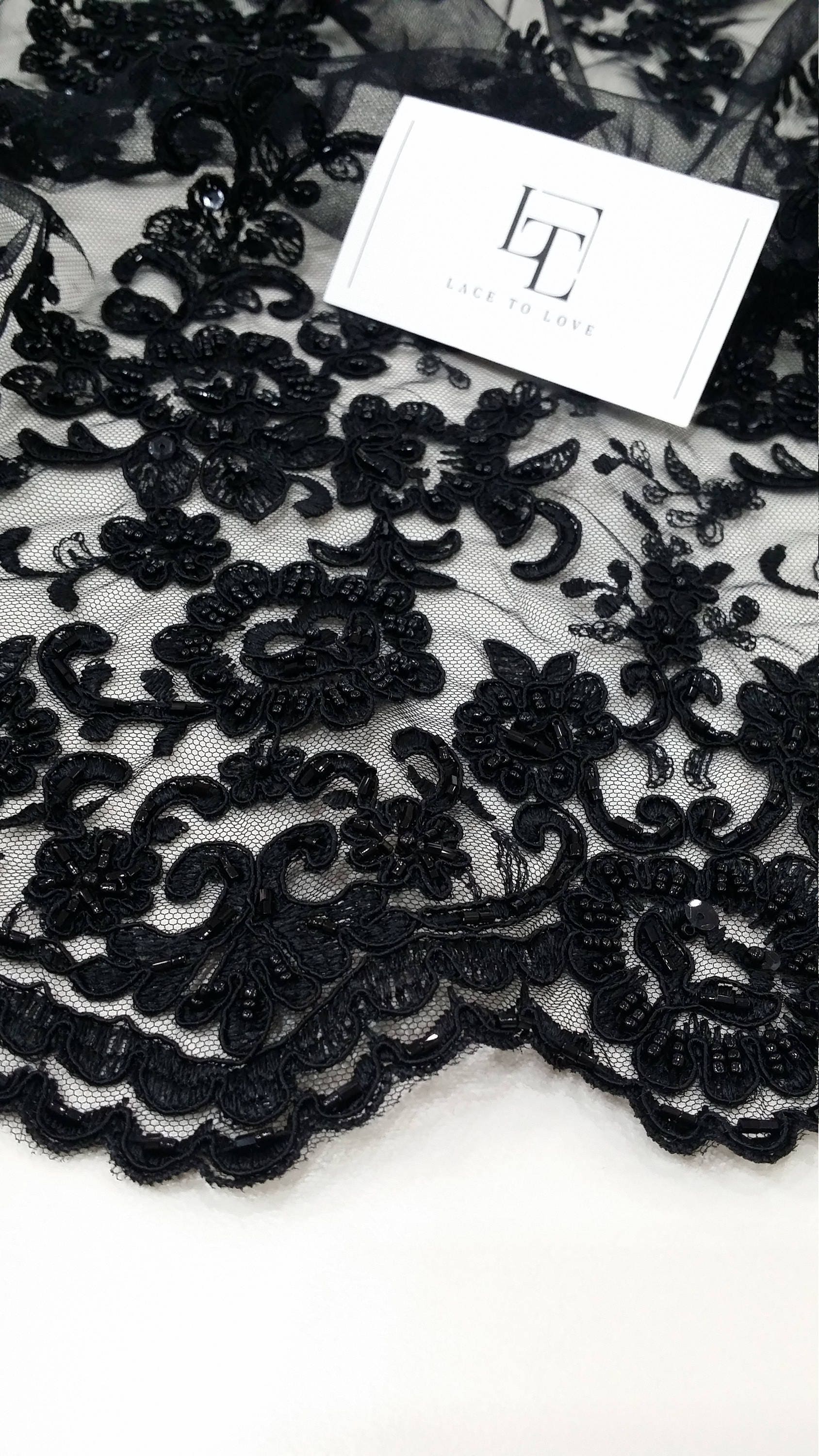 Beaded black lace fabric, Sequin lace, French lace fabric, Alencon lace ...