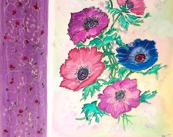 Contemporary art, original painting on canvas (15,7 x 19,7 in) acrylic painting flowers "Anémones" framed on 2 sides of painted embroideries