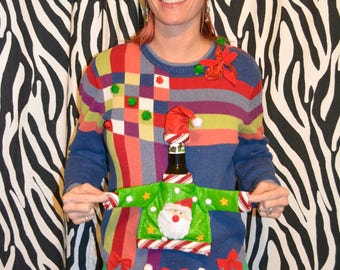 Women Medium, beer or liquor holder, Party Sweater, Ugly Christmas Sweater, alcohol, ugly xmas sweater, one of a kind, party pocket, beer
