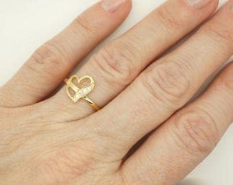 Diamond Gold Ring-Engagement Ring-Heart ring-14K Yellow Gold Ring-Love ring-Heart engagement ring-Promise ring-Stackable ring-Birthday gift