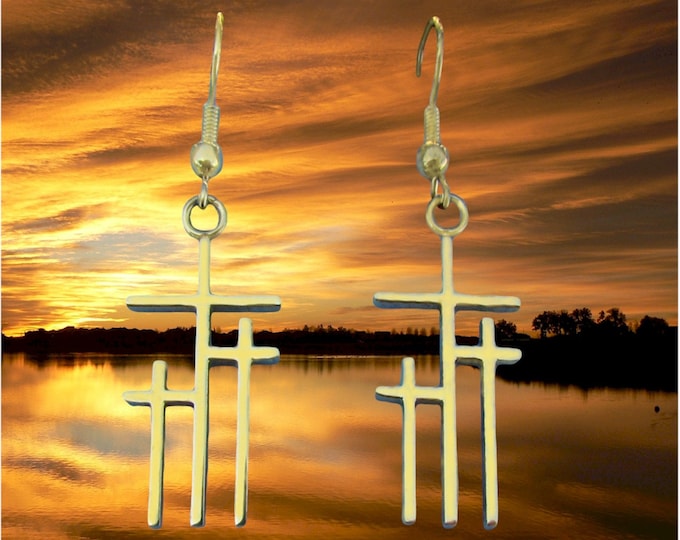 Silver Gold Calvary 3 Cross Earrings Necklace Pendant Set Womens Girls Christian Jewelry - Saint Michaels Jewelry - Calvary Three Cross