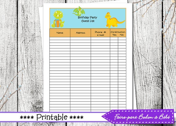 Dinosaur Birthday Party Guest List Guest List Printable