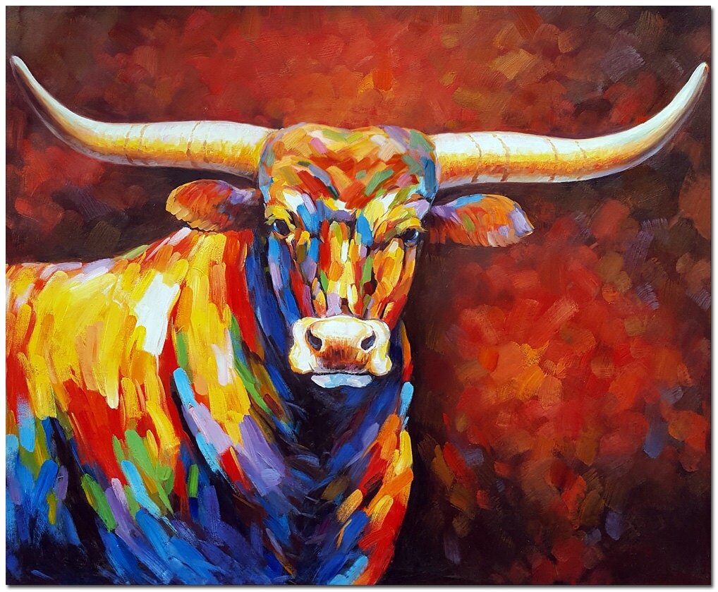Hand Painted Impressionist Texas Longhorn Painting On Canvas